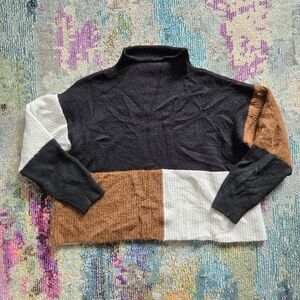 Roolee Cropped Colorblock Mockneck Sweater in Black, White & Rust